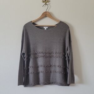 J Jill Light Mocha Heather 3/4 Sleeve Fringe Sweater Size Medium